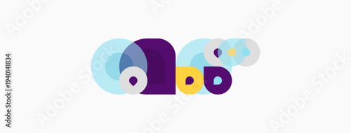 Abstract graphic features overlapping purple, blue, yellow circles. Minimalist design evokes playful, modern aesthetic. Simple shapes create visual interest.