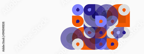 Abstract composition featuring overlapping circles, squares, shapes. Orange, purple hues dominate neutral background. Modern design.