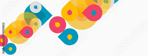 Abstract colorful circles overlap white background. Geometric shapes create dynamic visual pattern. Bright hues suggest energy, positivity.