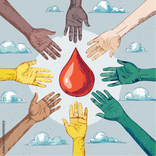 Diverse Hands Reaching Towards a Central Blood Drop Symbolizing Unity and Donation.
