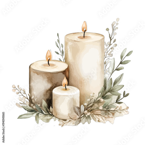 Three Glowing Pillar Candles in Botanical Arrangement with Eucalyptus and Berries, Hand-Painted Watercolor Clipart, Isolated on White Background