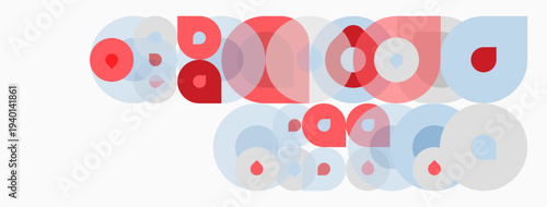 Abstract composition featuring overlapping circles. Red, blue hues create playful visual texture. Minimalist design, simple shapes dominate.