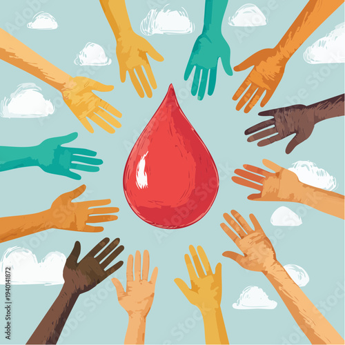 Diverse Community Hands Reaching for a Life-Saving Blood Drop.