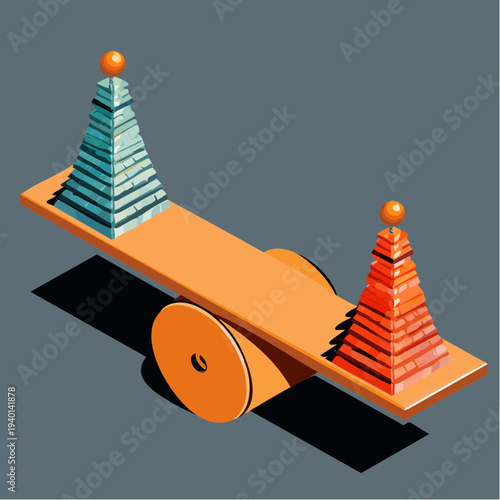 Conceptual illustration of imbalance with two unequal pyramids on a seesaw.