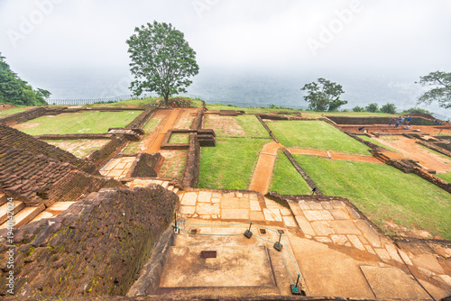 Sigiriya ancient rock fortress in Sri Lanka. Ancient architectural ruins with lush green terraces and a solitary tree under an overcast sky, showcasing historical landscape