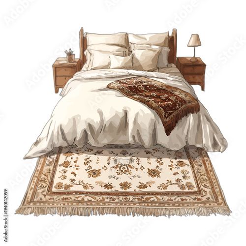Cozy Bedroom Interior with Double Bed, Bedside Tables, Lamps, and Ornate Persian Rugs, Vintage Watercolor Furniture Clipart, Isolated on White Background