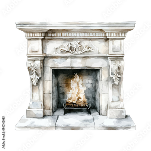 Classic Ornate Stone Fireplace with Burning Log Fire, Vintage Marble Mantelpiece Watercolor Clipart, Isolated on White Background