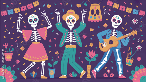 Colorful sugar skulls celebrate dia de los muertos with vibrant dance and music festive scene