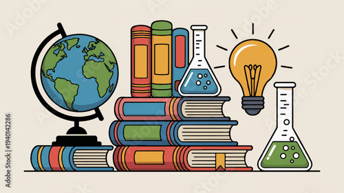 Colorful illustration of books globe beakers and lightbulb on table for education and learning concepts