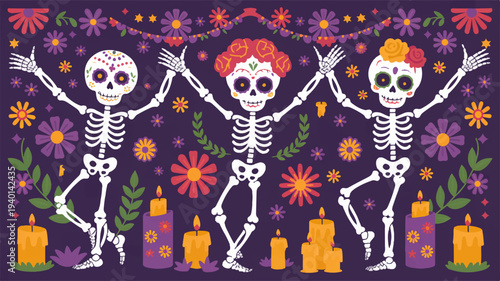 Three colorful skeletons dancing together surrounded by vibrant flowers and candles on a purple background symbolizing celebration and festivity