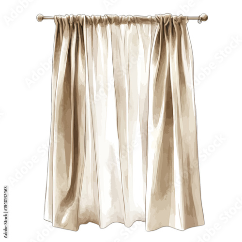 Watercolor illustration of elegant ivory silk curtains on a curtain rod
