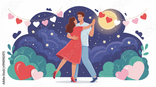 Loving couple dancing under starry night sky with hearts and moonlight romantic illustration