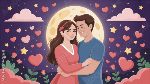 Loving couple embracing under starry night sky with hearts and moonlight romantic atmosphere