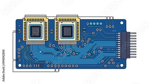 Detailed technical illustration of a blue electronic circuit board features two central processing units and many soldered paths.