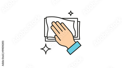 Colorful icon shows a hand using a white cloth to wipe a screen or tablet clean with decorative stars representing a shiny finish.