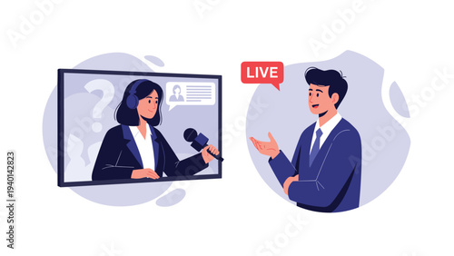 Vector illustration shows a live news broadcast with a female reporter on a screen and a man speaking to her during an interview.