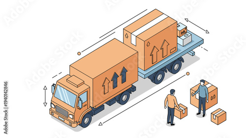 Isometric scene shows workers loading boxes into a large delivery truck with dimension lines representing logistics and shipping.