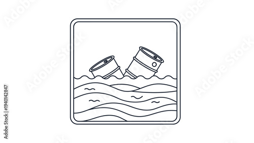 Outlined drawing of two metal barrels floating on wavy water inside a square frame represents ocean pollution or oil spills.