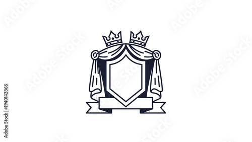 Heraldic shield icon featuring curtains, ribbons, and two royal crowns represents a prestigious family crest or luxury brand logo.