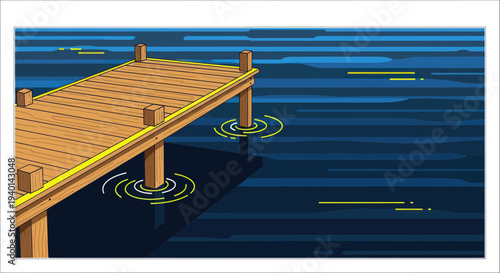 Wooden pier on dark blue water with yellow accents and ripples