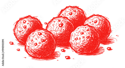 Hand-drawn sketch of red meatballs or energy balls, isolated on white background.