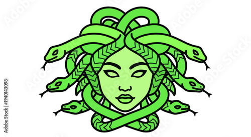 Medusa green illustration with snakes for hair on white background
