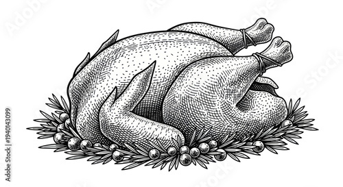 Hand-Drawn Roasted Turkey with Olive Garnish, Vintage Style