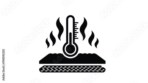 Black thermometer icon shows rising temperature above a textured ground with heat waves representing global warming or fever.