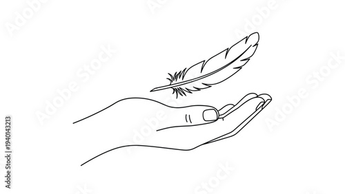 Minimalist line drawing of a human hand with a single soft feather floating gently above the palm represents lightness and care.