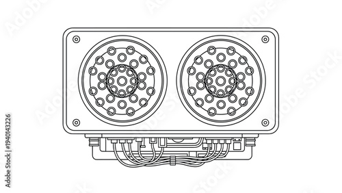 Detailed technical outline of a dual-fan cooling unit with visible wiring and connectors represents high-performance PC hardware.