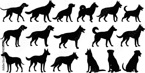 Dog silhouette collection, various breed black vector illustration isolated domestic animal set for pet design graphic element pack
