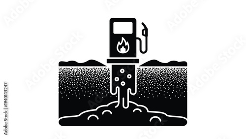 Fuel pump icon displayed above a cross-section of ground layers showing underground oil leak and soil contamination issues.