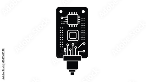 Detailed black and white technical icon representing a computer circuit board with microchips and internal electronic components.