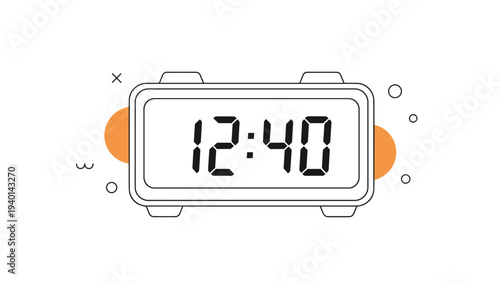 Digital alarm clock displaying twelve forty with abstract decorative shapes around the main outline of the timekeeping device.