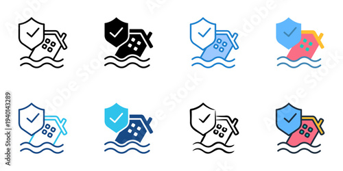 Flood Insurance icons set multiple style collection. Editable stroke 
