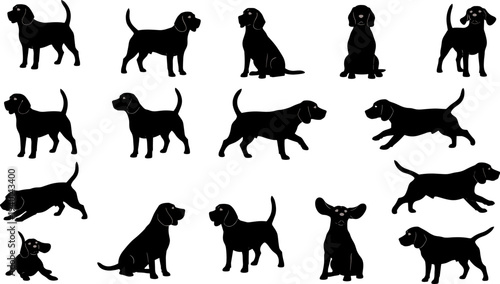 Dog silhouette set showing different puppy poses, cute canine collection isolated on white background for design projects
