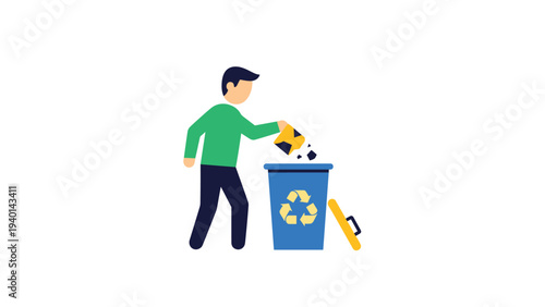 Man in a green shirt throwing waste into a blue recycling bin with the universal recycling symbol to show waste management.