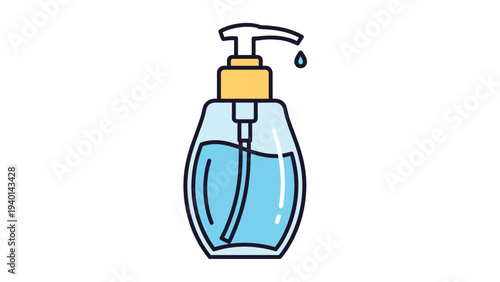 Realistic illustration of a clear pump bottle containing blue liquid soap or gel for cleaning and personal hygiene purposes.