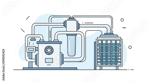 Detailed technical illustration of an industrial filtration machine with complex pipes and a large container for water treatment.