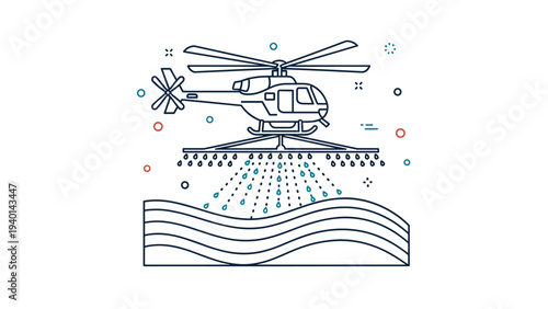 Technical line drawing of a helicopter spraying liquid over agricultural fields or water for pest control and management.