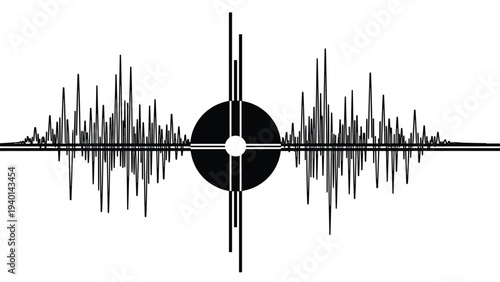 Abstract black and white graphic depicting a central circular eye-like shape surrounded by intense frequency sound wave lines.