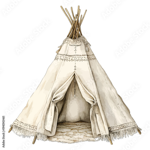 Watercolor illustration of a boho nursery teepee tent isolated on white
