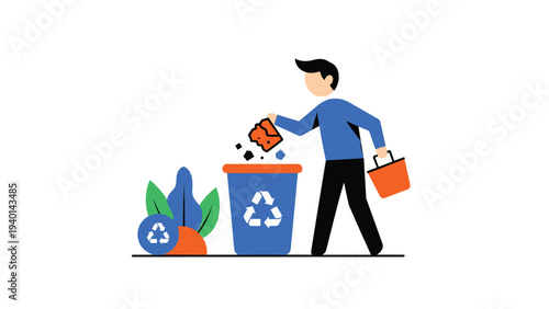 Illustrated scene of a man responsibly placing trash into a blue recycling bin surrounded by green leaves and plant life.