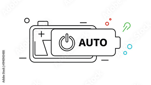 Line drawing icon of a battery with an integrated power button symbol and auto label representing automatic energy modes.
