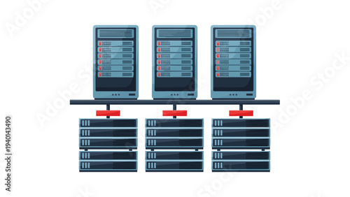 Professional illustration of server rack cabinets connected in a data center network for cloud storage and computing tasks.