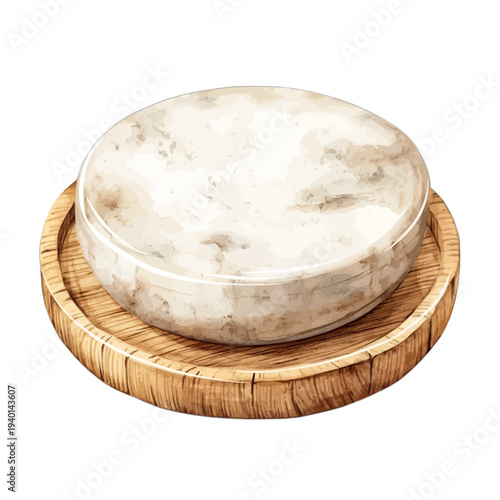 Watercolor illustration of a marble soap dish on a wooden base isolated on white