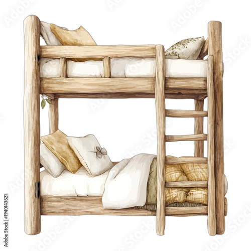 Watercolor illustration of a rustic wooden bunk bed with cozy pillows and bedding