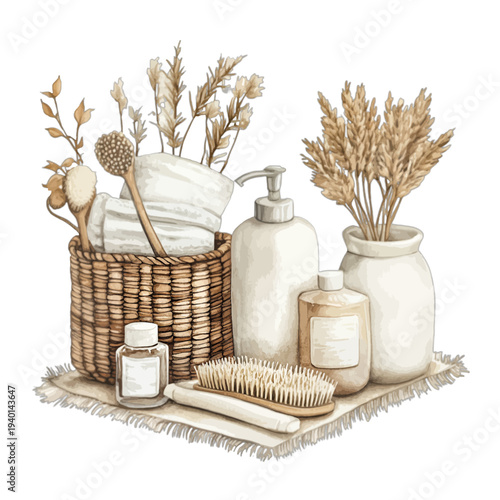 Watercolor neutral spa collection with woven basket and body brushes