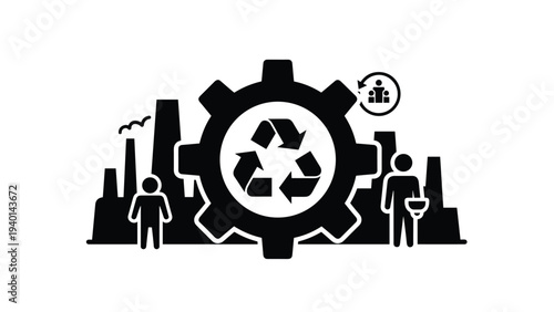 Silhouette of a industrial city skyline with a large central gear containing the universal recycling symbol for green industry.
