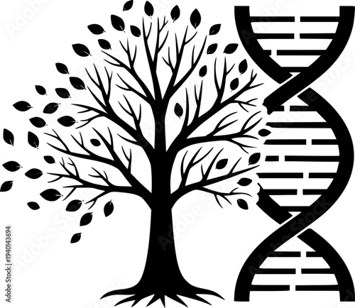Black silhouette of a bare tree with falling leaves merging into a D N A double helix structure